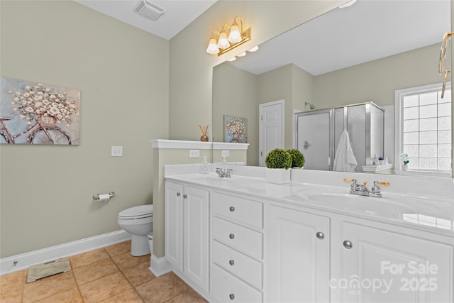 bathroom with a sink, double vanity, toilet, a stall shower, and visible vents