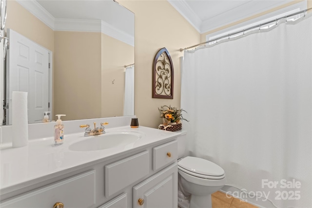 full bath featuring crown molding, vanity, shower / bath combination with curtain, toilet, and tile patterned flooring