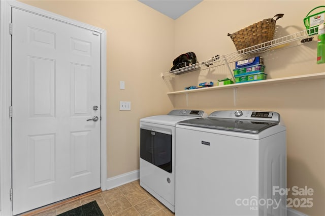 laundry area featuring washer and clothes dryer, baseboards, and laundry area