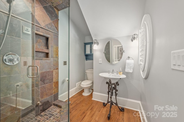 full bathroom featuring a sink, toilet, baseboards, wood finished floors, and a shower stall