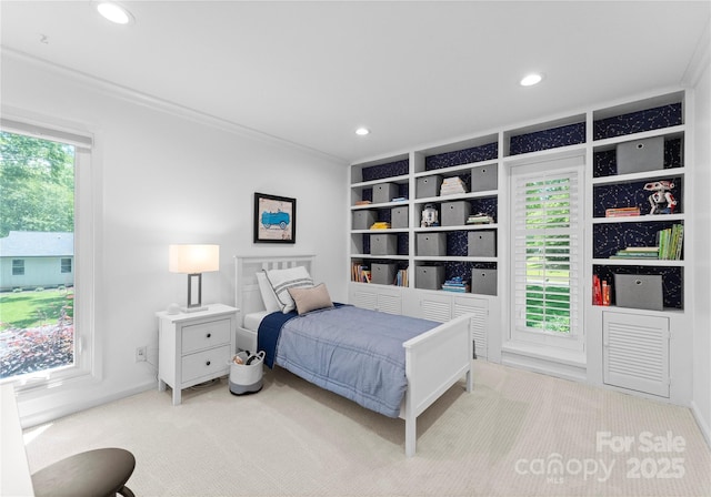 bedroom with carpet, recessed lighting, and crown molding