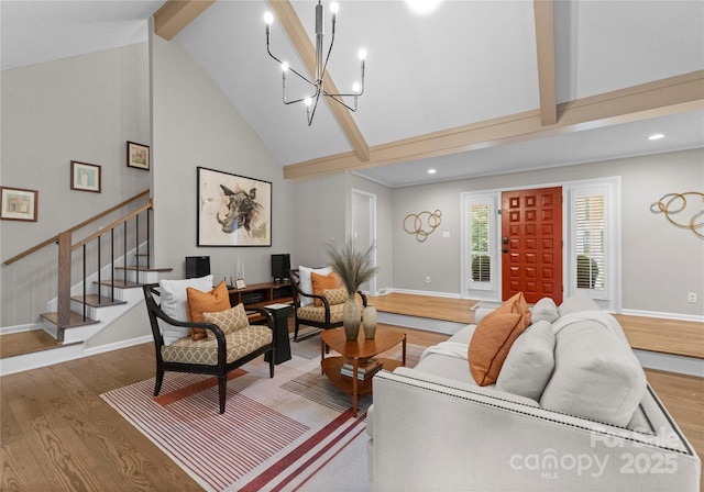 living area featuring high vaulted ceiling, wood finished floors, baseboards, beamed ceiling, and recessed lighting