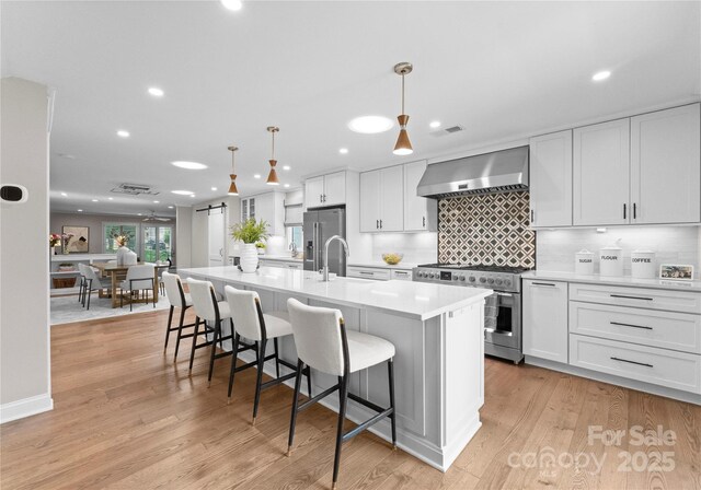 kitchen with wall chimney exhaust hood, high quality appliances, light countertops, a kitchen island with sink, and a breakfast bar area