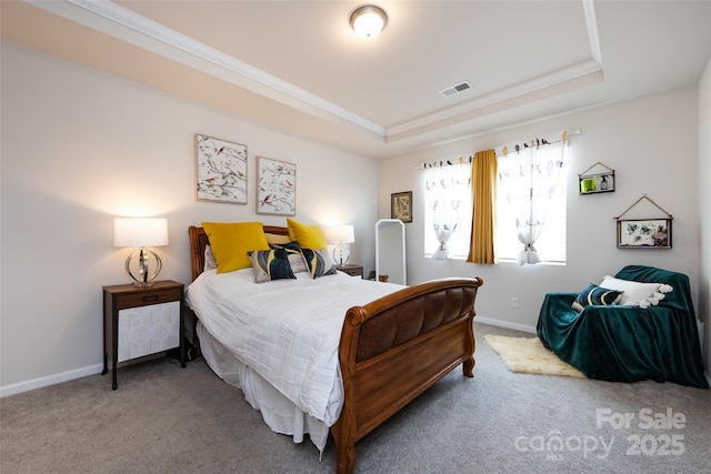 3100 Cheyney Park Dr, Charlotte, NC 28269 - bedroom featuring baseboards, ornamental molding, carpet floors, visible vents, and a tray ceiling