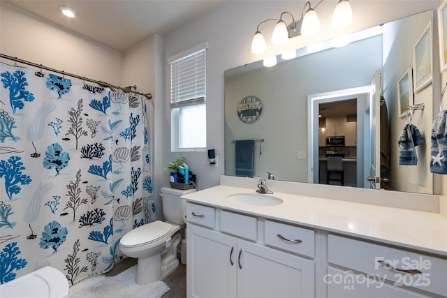 3100 Cheyney Park Dr, Charlotte, NC 28269 - bathroom with toilet, curtained shower, and vanity