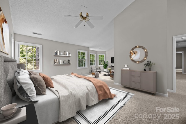 9000 Stourbridge Dr, Huntersville, NC 28078 - bedroom with carpet flooring, high vaulted ceiling, a ceiling fan, baseboards, and visible vents