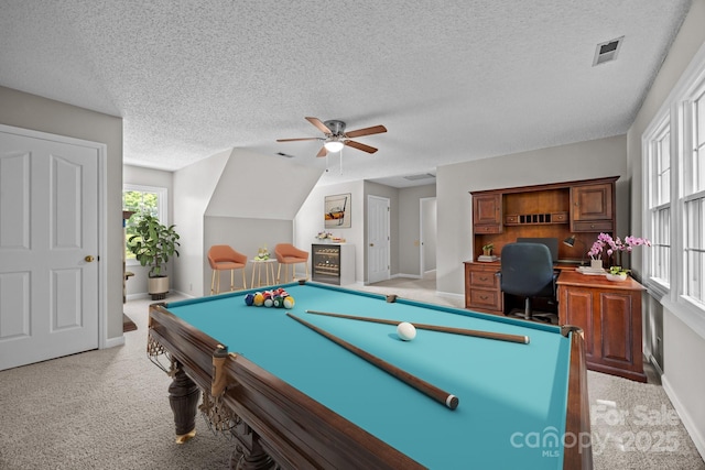 9000 Stourbridge Dr, Huntersville, NC 28078 - playroom with visible vents, a ceiling fan, baseboards, and light colored carpet