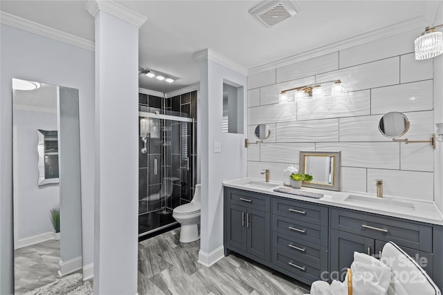 6035 Idlebrook Dr, Charlotte, NC 28212 - bathroom with a shower stall, double vanity, and crown molding