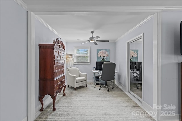 6035 Idlebrook Dr, Charlotte, NC 28212 - living area featuring a ceiling fan, crown molding, carpet floors, and an office area