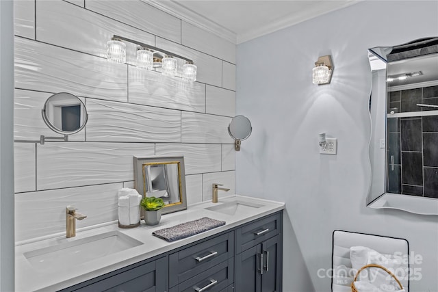 6035 Idlebrook Dr, Charlotte, NC 28212 - bathroom featuring double vanity, ornamental molding, and decorative backsplash