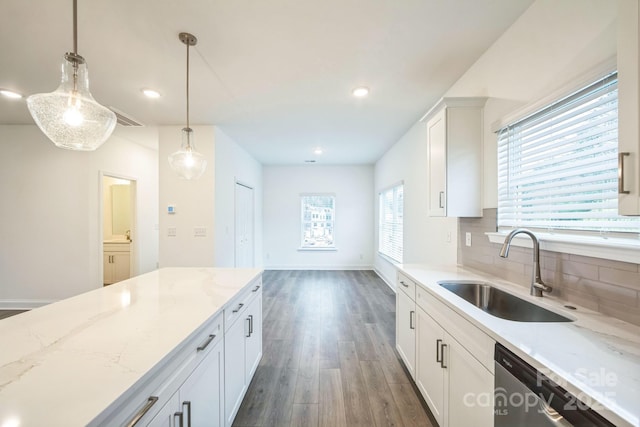 81 Walnut Springs Dr Unit 22-D, Asheville, NC 28804 - kitchen with stainless steel dishwasher, dark wood finished floors, light stone counters, a sink, and backsplash