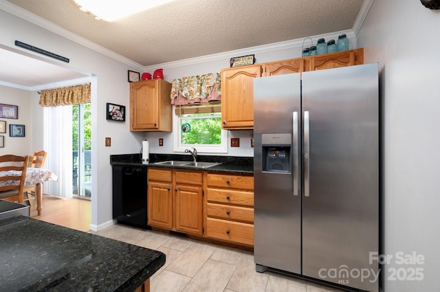15 Heather Ln, Fairview, NC 28730 - kitchen with stainless steel refrigerator with ice dispenser, black dishwasher, a sink, crown molding, and healthy amount of natural light