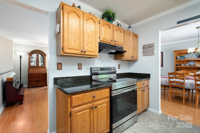 15 Heather Ln, Fairview, NC 28730 - kitchen featuring electric range, under cabinet range hood, ornamental molding, a textured ceiling, and light wood-style floors