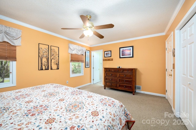 15 Heather Ln, Fairview, NC 28730 - carpeted bedroom with crown molding, a textured ceiling, baseboards, and ceiling fan