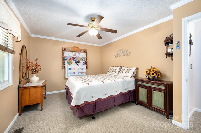 15 Heather Ln, Fairview, NC 28730 - bedroom featuring carpet floors, baseboards, a textured ceiling, ornamental molding, and ceiling fan