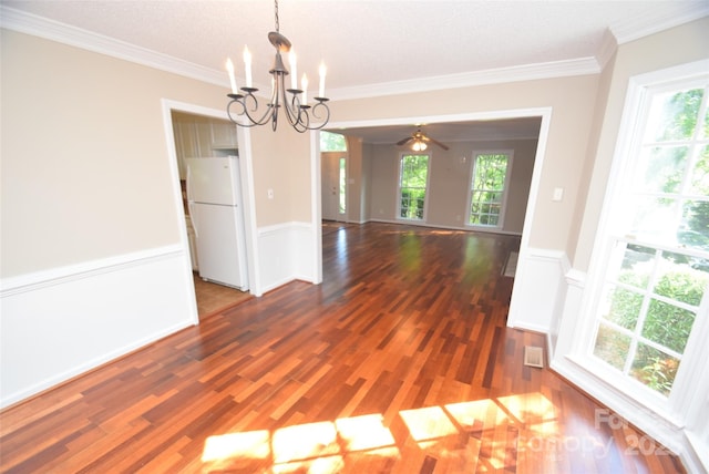 4704 Beech Crest Pl, Charlotte, NC 28269 - unfurnished dining area featuring crown molding, visible vents, wood finished floors, and a wainscoted wall