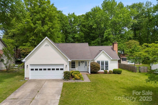 13324 Kintyre Ct, Matthews, NC 28105 - ranch-style house featuring concrete driveway, covered porch, a chimney, and an attached garage