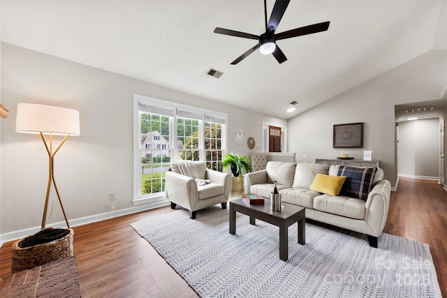 13324 Kintyre Ct, Matthews, NC 28105 - living room with vaulted ceiling, wood finished floors, ceiling fan, and baseboards