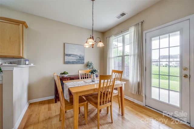 dining room featuring visible vents, light wood-type flooring, and baseboards