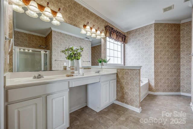 bathroom featuring wallpapered walls, a sink, ornamental molding, and visible vents