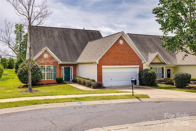 view of front of property featuring a shingled roof, a garage, concrete driveway, brick siding, and a front lawn