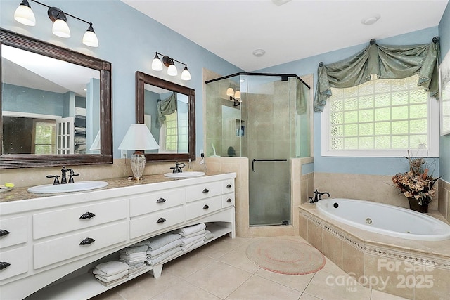 729 Lochaven Rd, Waxhaw, NC 28173 - full bath featuring a shower stall, a whirlpool tub, tile patterned flooring, and double vanity