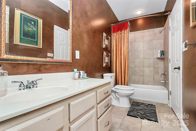 729 Lochaven Rd, Waxhaw, NC 28173 - bathroom with tile patterned flooring, toilet, shower / bathtub combination with curtain, and vanity