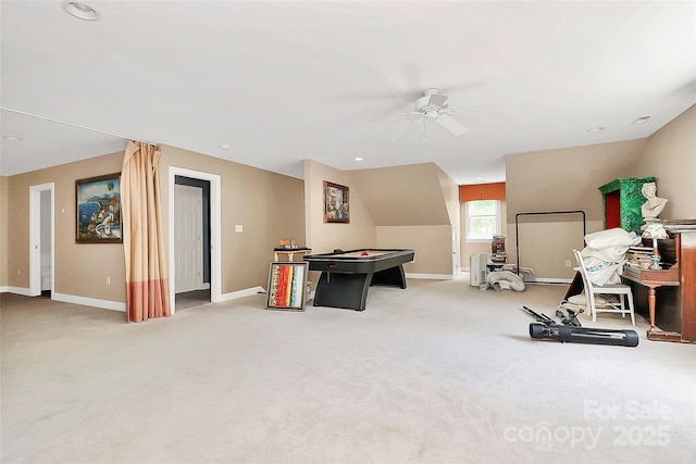 729 Lochaven Rd, Waxhaw, NC 28173 - recreation room with a ceiling fan, light colored carpet, and baseboards