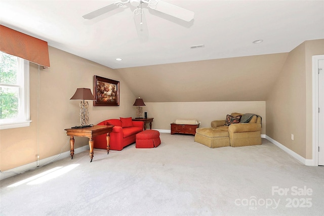 729 Lochaven Rd, Waxhaw, NC 28173 - living area featuring vaulted ceiling, carpet floors, baseboards, ceiling fan, and recessed lighting