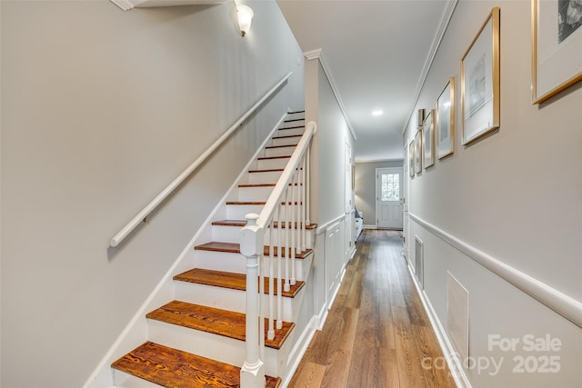 4607 Hedgemore Dr Unit H, Charlotte, NC 28209 - stairs featuring visible vents, wood finished floors, recessed lighting, and ornamental molding