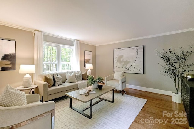 living area featuring baseboards, light wood-style floors, and ornamental molding