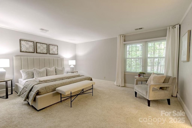 carpeted bedroom featuring visible vents, crown molding, and baseboards