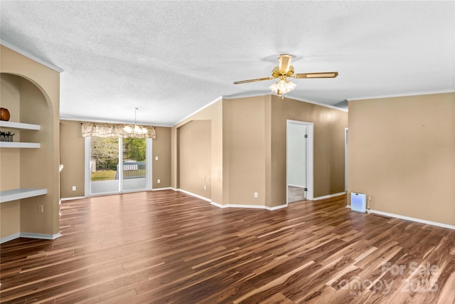 unfurnished living room featuring ceiling fan with notable chandelier, baseboards, wood finished floors, and crown molding