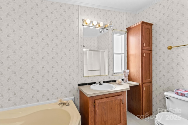 bathroom featuring wallpapered walls, a shower stall, toilet, vanity, and a bath