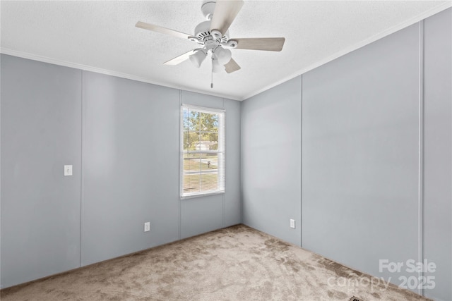 spare room featuring ceiling fan, ornamental molding, carpet flooring, and a textured ceiling