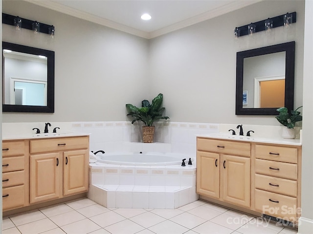 7626 Vistaview Dr, Cornelius, NC 28031 - bathroom featuring two vanities, a garden tub, tile patterned flooring, crown molding, and recessed lighting