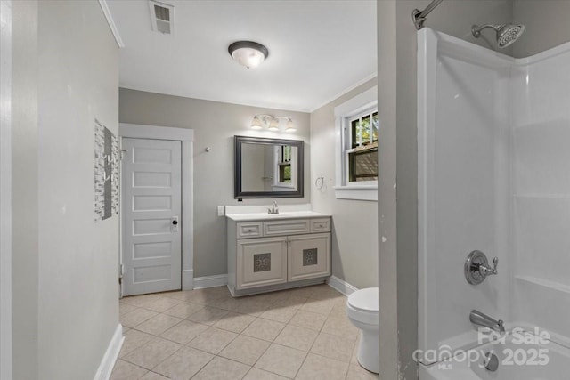 full bathroom with visible vents, toilet, baseboards, and bathtub / shower combination