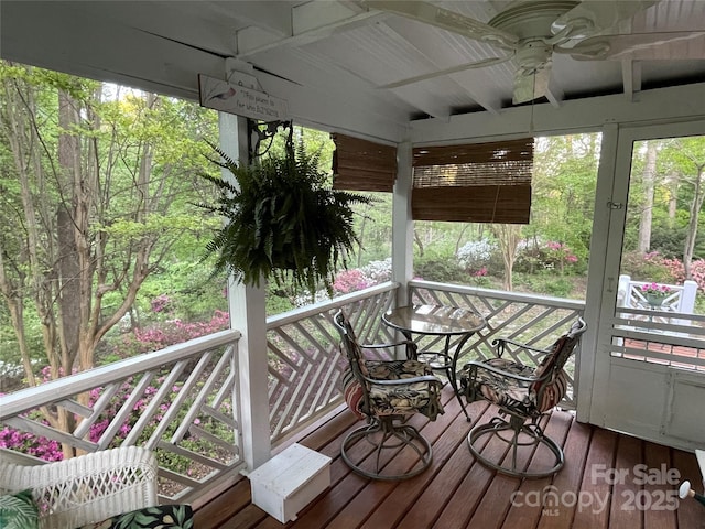 121 General Pemberton St, Stanley, NC 28164 - sunroom featuring wood finished floors, ceiling fan, and beamed ceiling