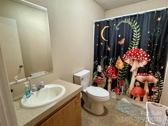 2084 Bristol Creek Ave, Morganton, NC 28655 - full bath featuring tile patterned flooring, vanity, toilet, a textured ceiling, and a shower with shower curtain
