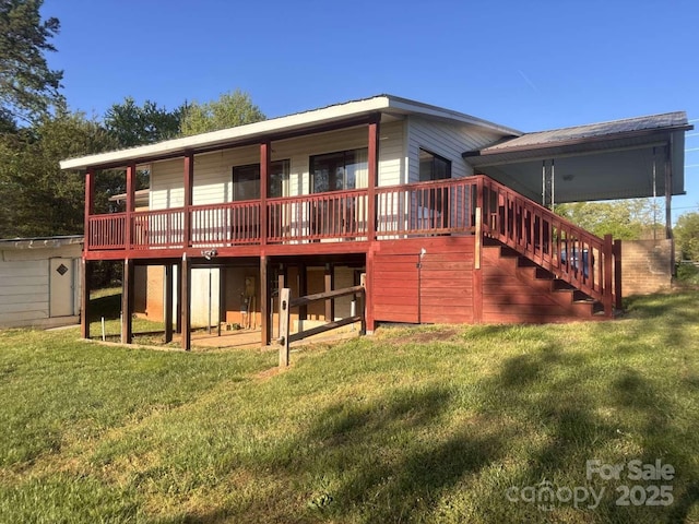 7527 Old Shelby Rd, Vale, NC 28168 - rear view of house with stairs, a yard, and a wooden deck
