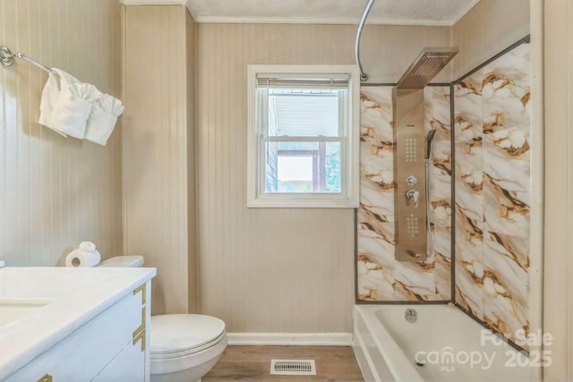 7527 Old Shelby Rd, Vale, NC 28168 - bathroom featuring vanity, wood finished floors, tub / shower combination, ornamental molding, and toilet