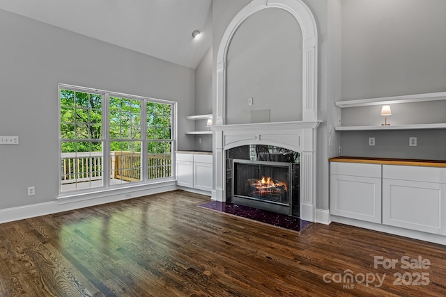7748 Long Bay Pkwy, Catawba, NC 28609 - unfurnished living room with a fireplace, dark wood finished floors, and high vaulted ceiling
