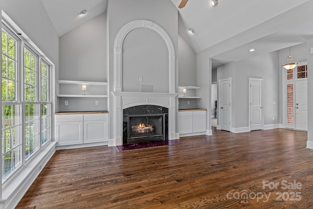 7748 Long Bay Pkwy, Catawba, NC 28609 - unfurnished living room with high vaulted ceiling, healthy amount of natural light, dark wood finished floors, a premium fireplace, and baseboards
