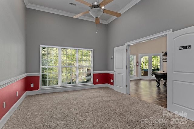 7748 Long Bay Pkwy, Catawba, NC 28609 - unfurnished room with ornamental molding, a ceiling fan, baseboards, a towering ceiling, and billiards