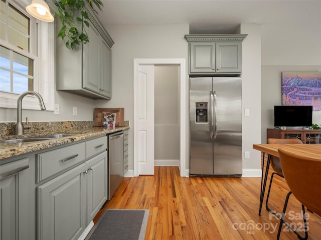 kitchen with a sink, gray cabinets, light wood-style floors, and stainless steel appliances