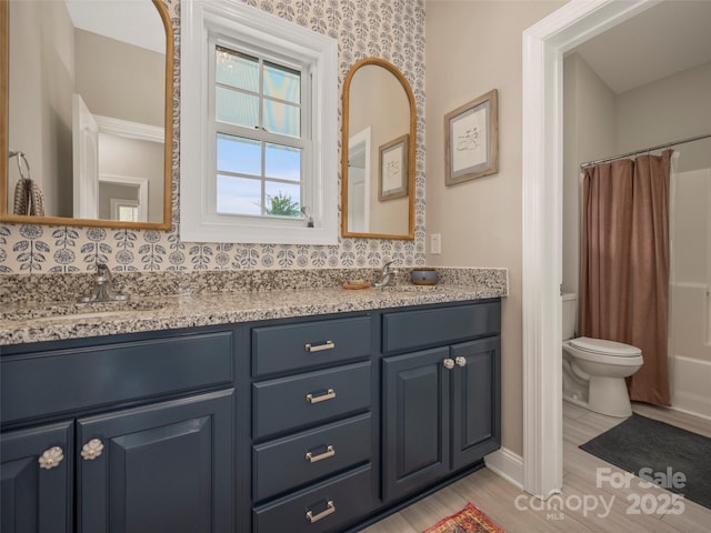 full bathroom featuring toilet, wood finished floors, double vanity, and a sink