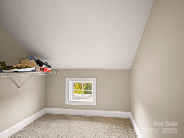 interior space featuring vaulted ceiling and carpet floors