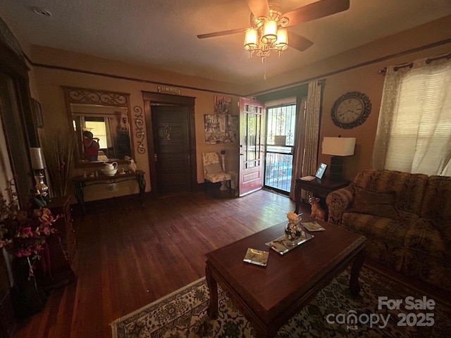 living room featuring ceiling fan and wood finished floors