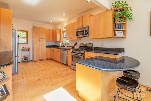 kitchen with light wood finished floors, stainless steel appliances, dark countertops, and a healthy amount of sunlight