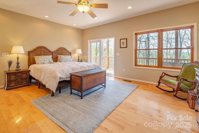 bedroom with recessed lighting, baseboards, access to outside, and light wood-style floors